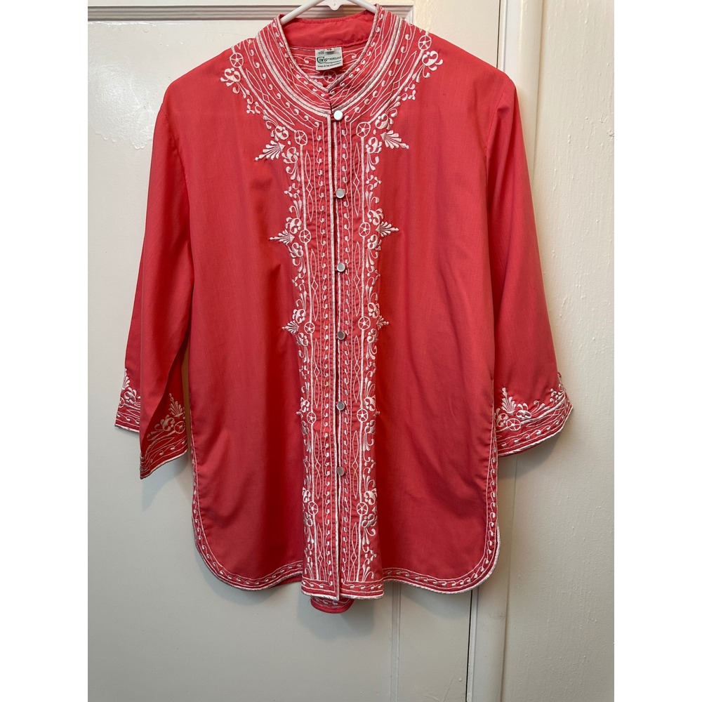 Vintage Caro of Honolulu Coral Pink Embroidered Tunic Blouse‎ Womens 12 Cotton